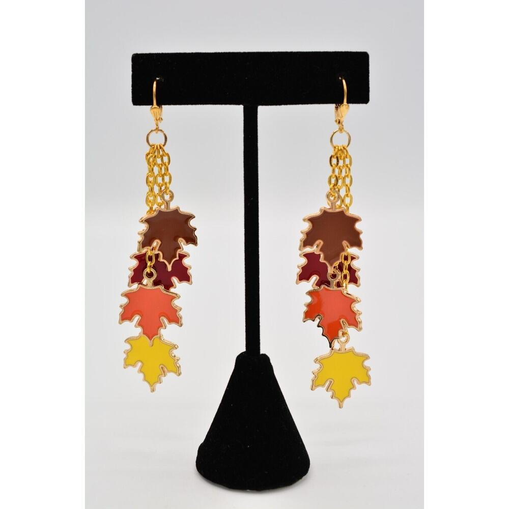 Fall Dangle Leaf Earrings Autumn Colors Chain Gold Maple Leaves Falling Bin5